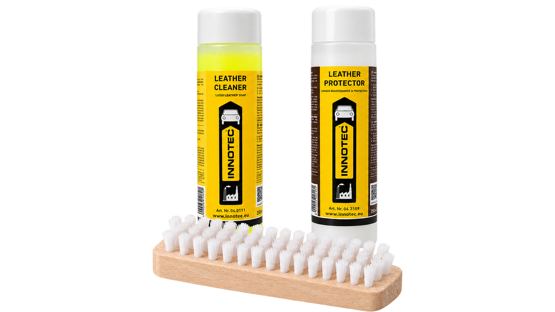 Innotec Leather Cleaner, Leather Protector und Leather Brush für die Autolederpflege