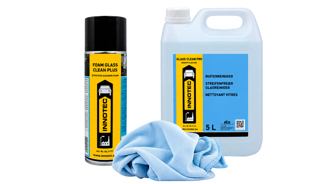 Innotec Glass Clean Pro, Foam Glass Clean Plus und Glass Towel für streifenfreie Autoscheiben