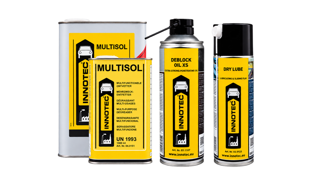 Innotec Multisol, Deblock Oil XS und Dry Lube für die Winterwartung von Autotürschloss und Scharnieren
