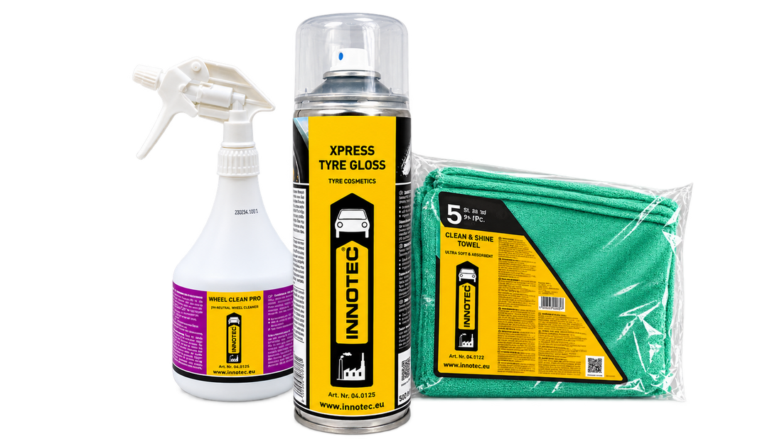 Innotec Xpress Tyre Gloss, Wheel Clean Pro und Clean & Shine Towel für die Reifenpflege beim Radwechsel